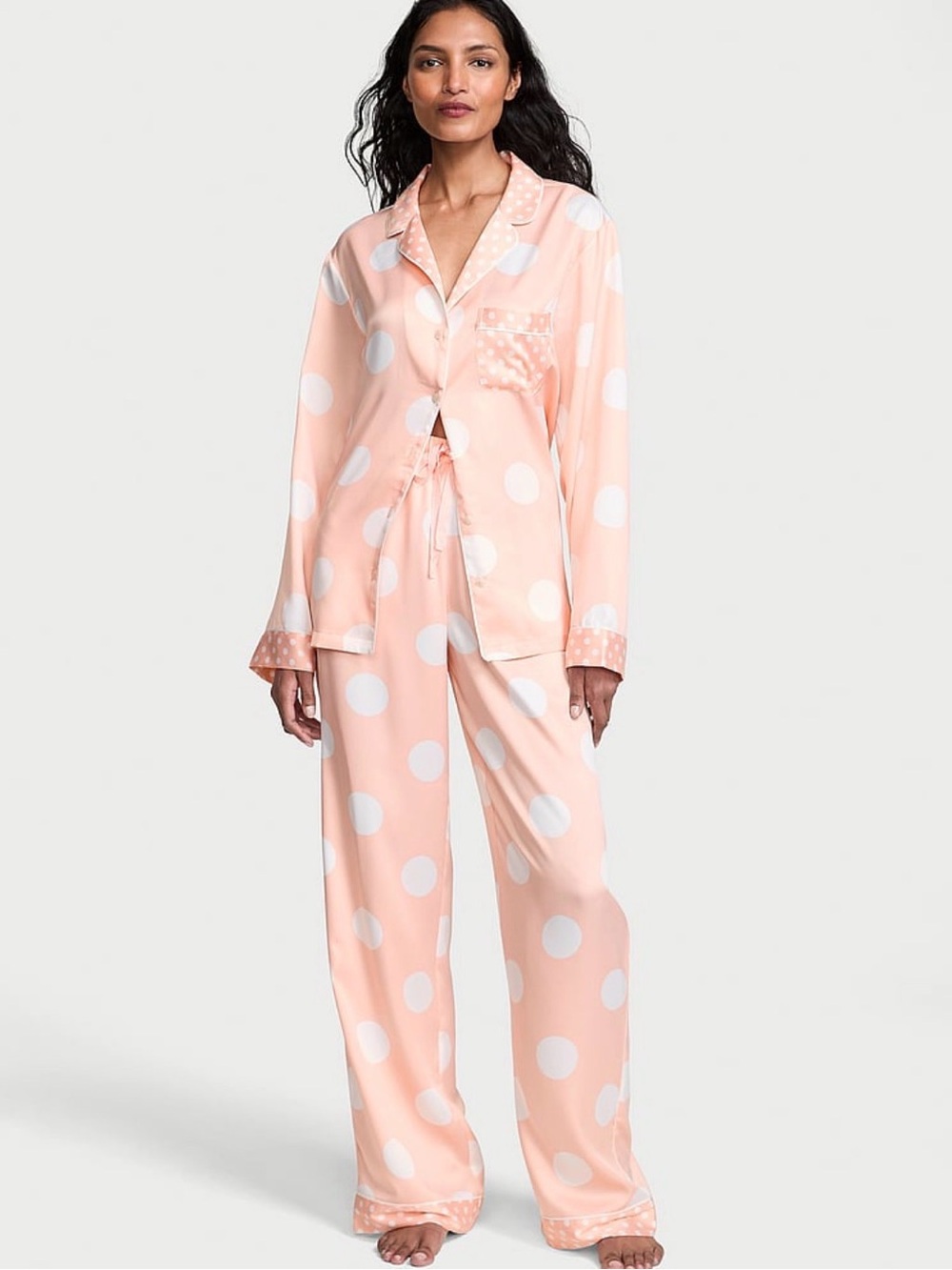 NWT Victoria’s Secret Peach & Ivory Polka Dot SATIN Pajama Set SZ MEDIUM